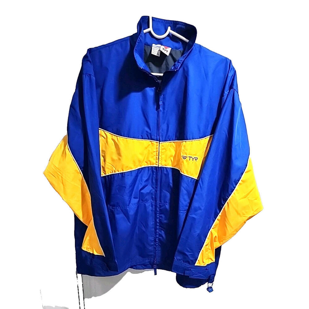TYR Men's Hoodie Jacket Hooded Blue Yellow Windbreaker Active Actual Sz 48 Chest